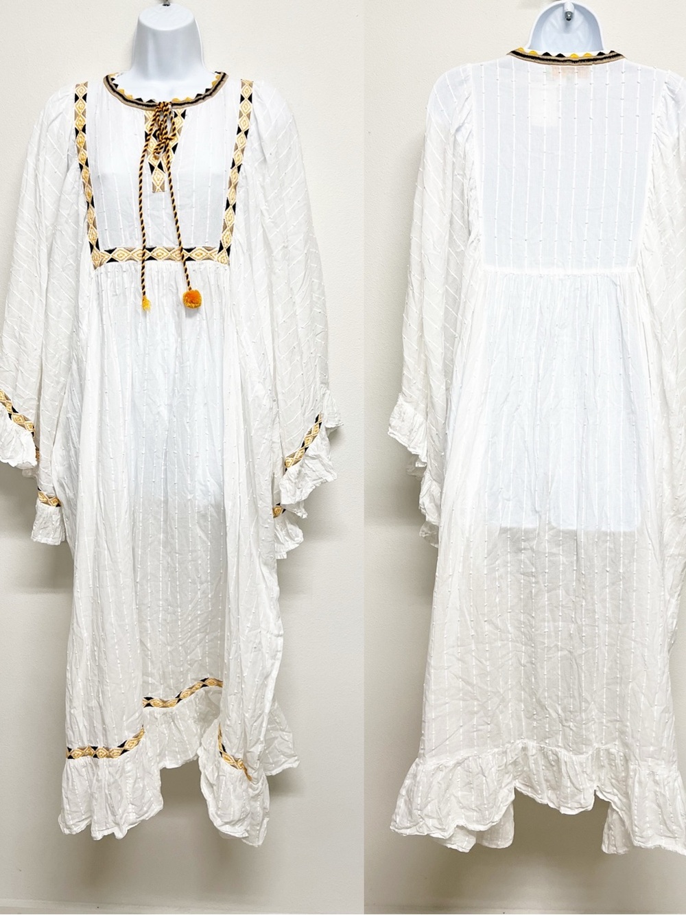 Kareenas Womens White Cotton Textured Embroidered Bohemian Maxi Coverup Dress
